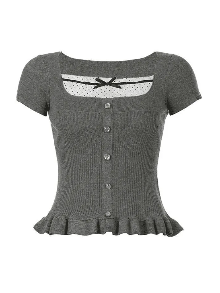 Back To School Sonicelife Ruffle Patchwork Buttoned Knit Top