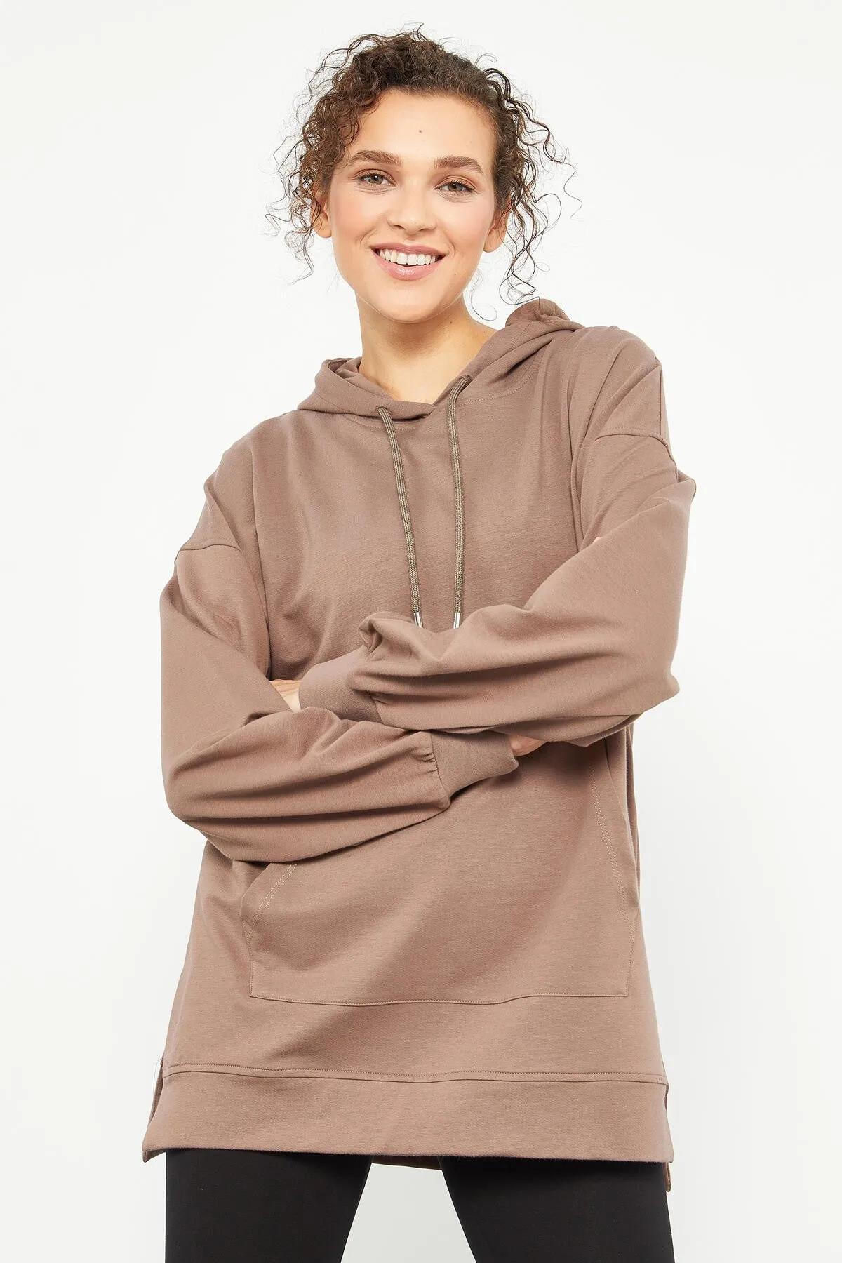 balon kol yazi nakişli kadin oversize tunik sweatshirt - 97163