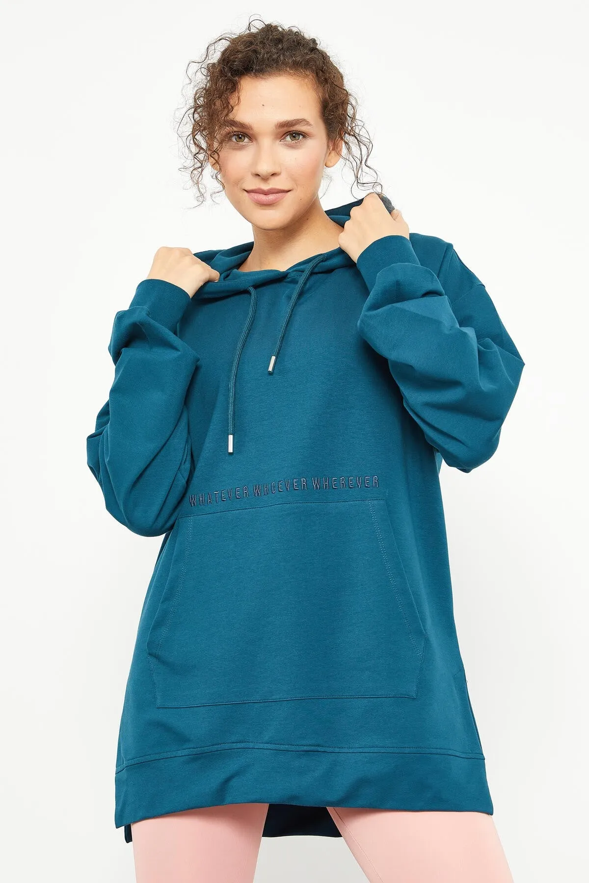 balon kol yazi nakişli kadin oversize tunik sweatshirt - 97163