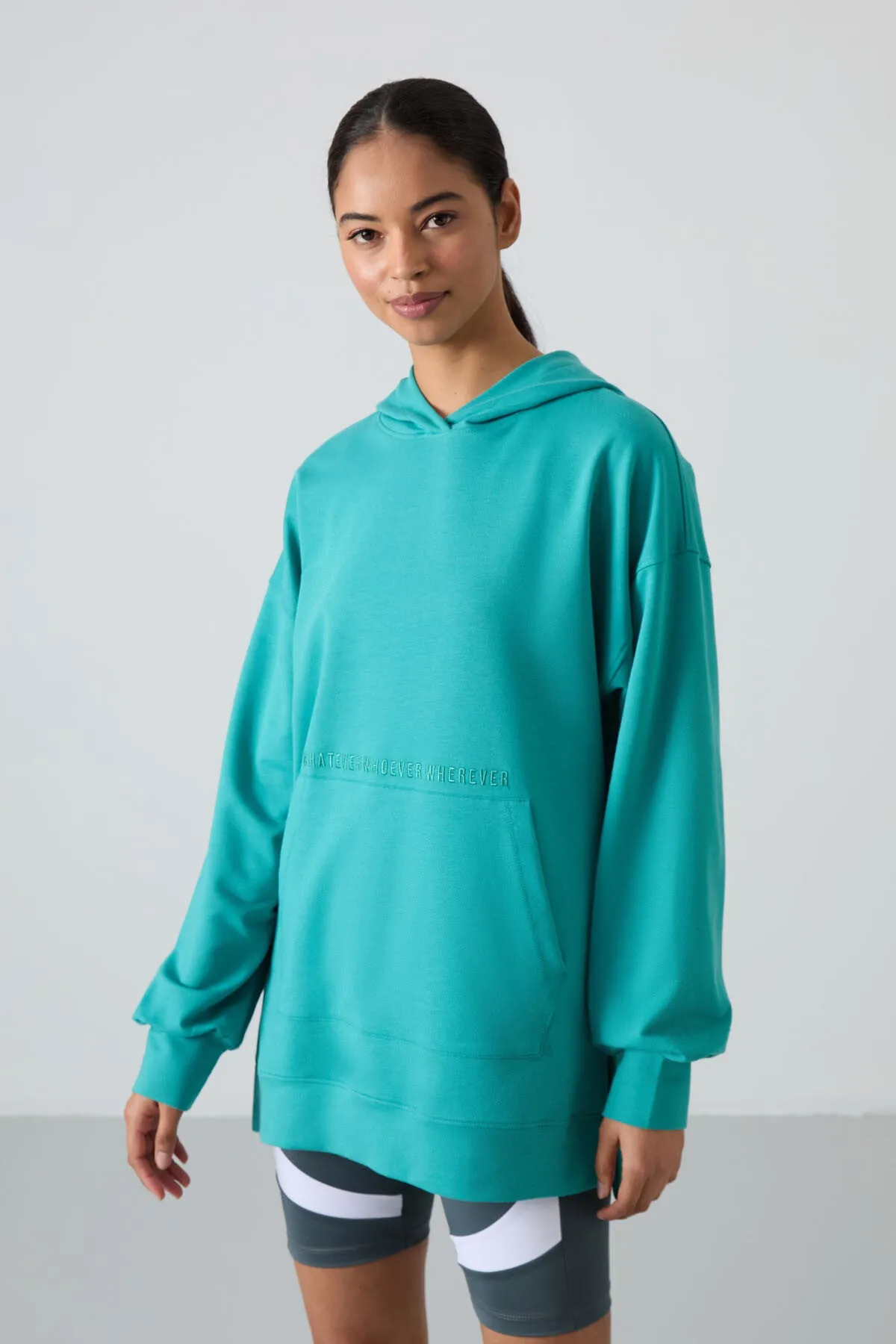 balon kol yazi nakişli kadin oversize tunik sweatshirt - 97163