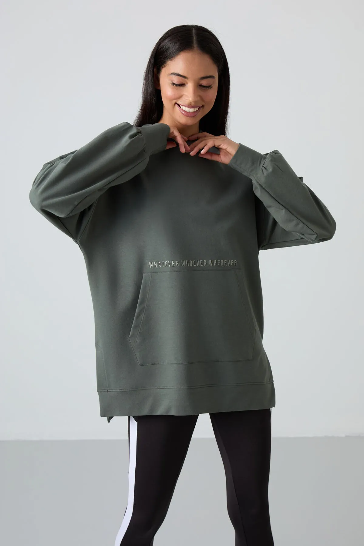 balon kol yazi nakişli kadin oversize tunik sweatshirt - 97163