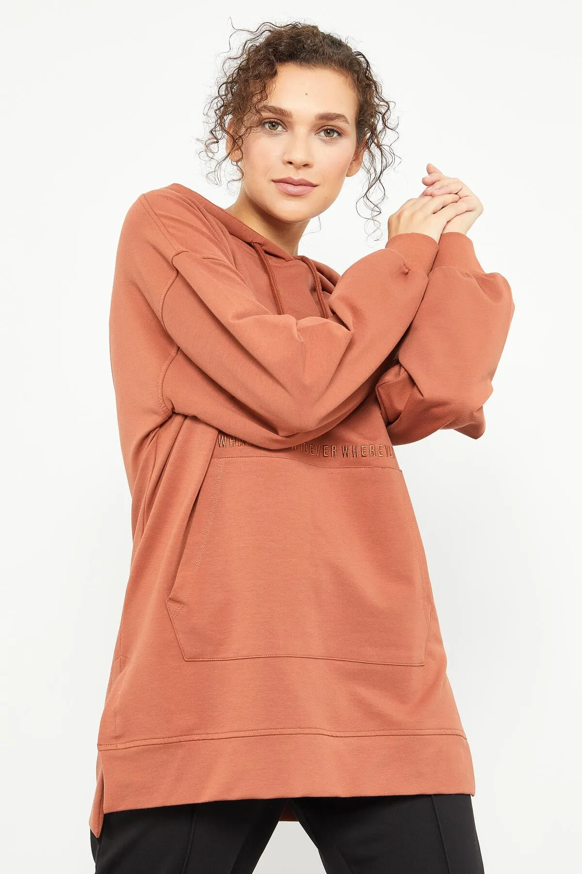 balon kol yazi nakişli kadin oversize tunik sweatshirt - 97163