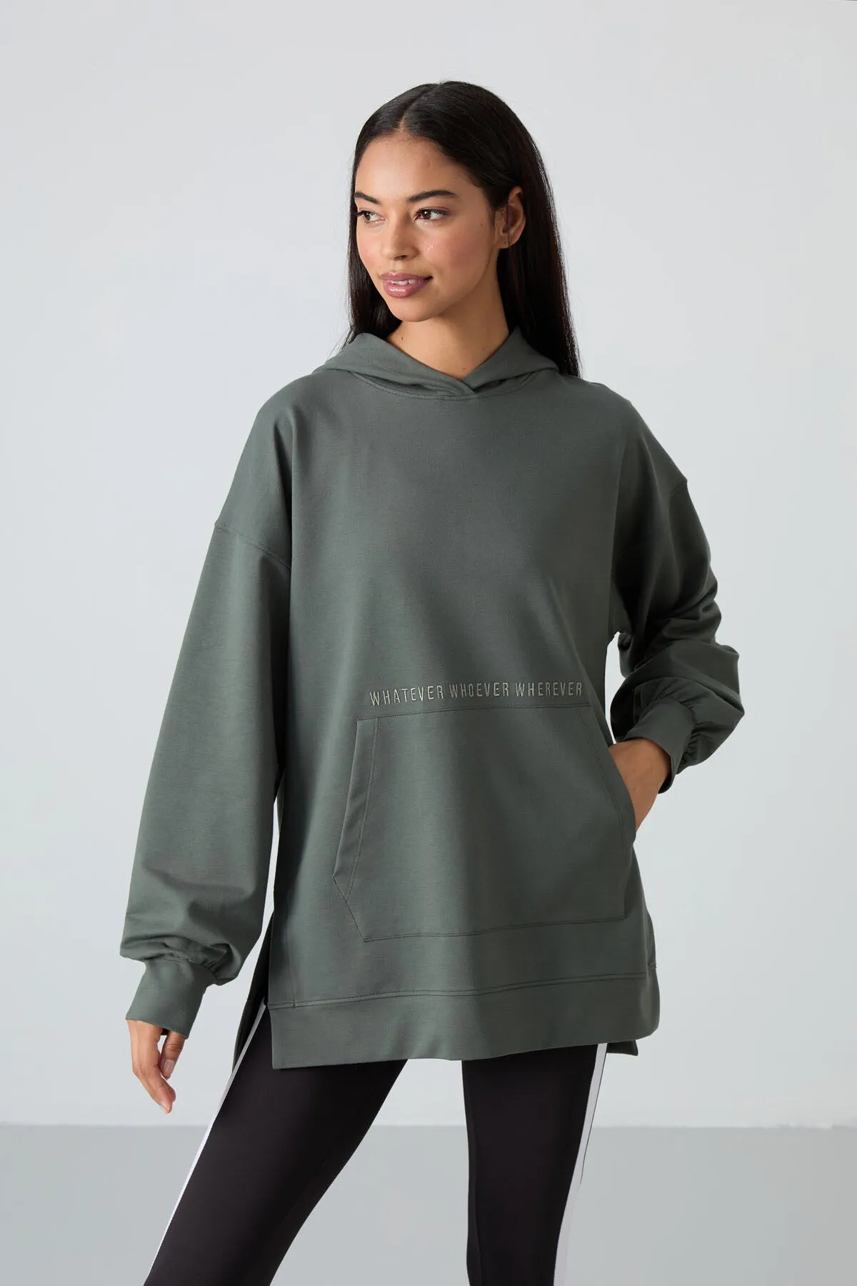 balon kol yazi nakişli kadin oversize tunik sweatshirt - 97163