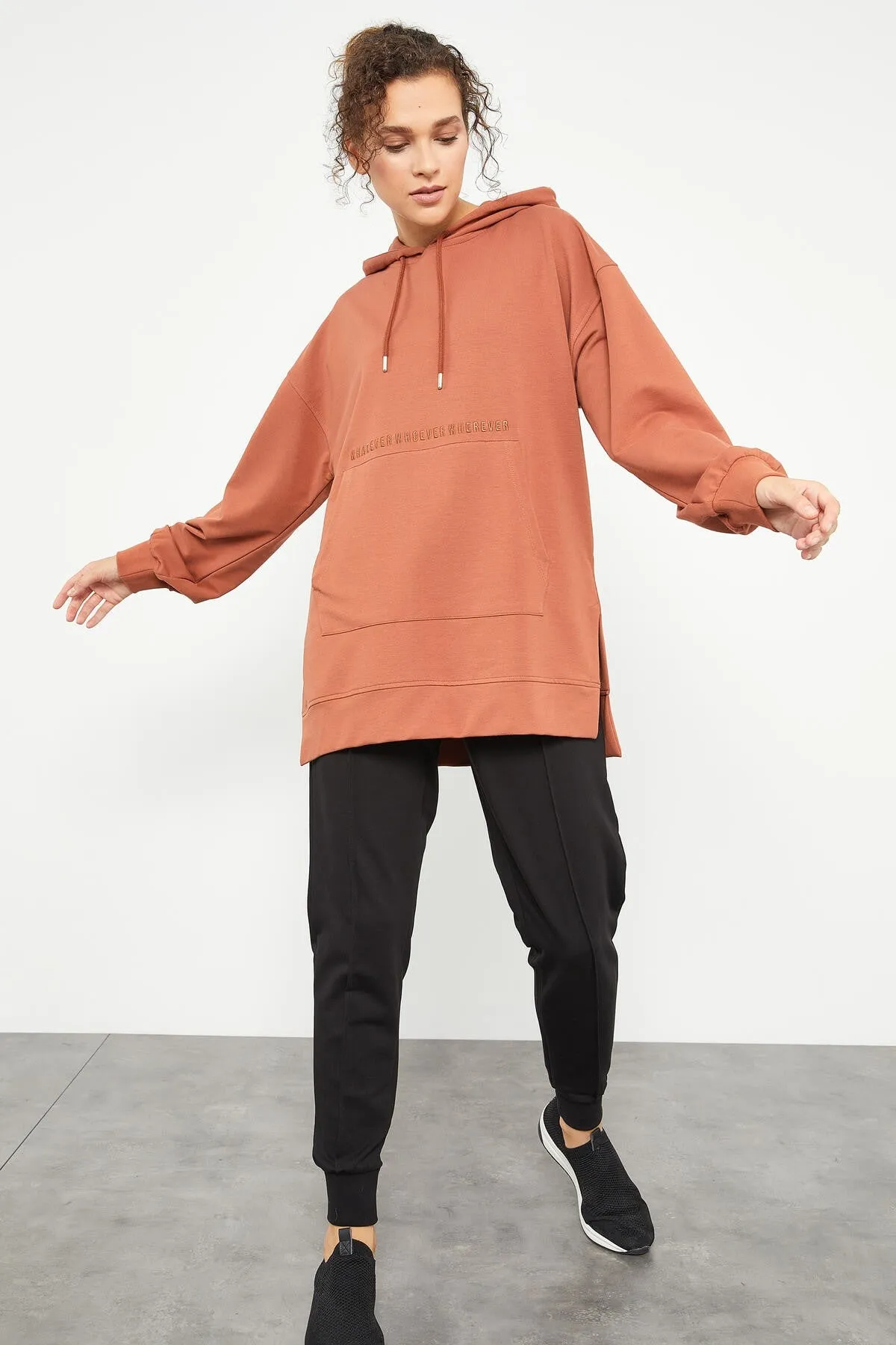 balon kol yazi nakişli kadin oversize tunik sweatshirt - 97163