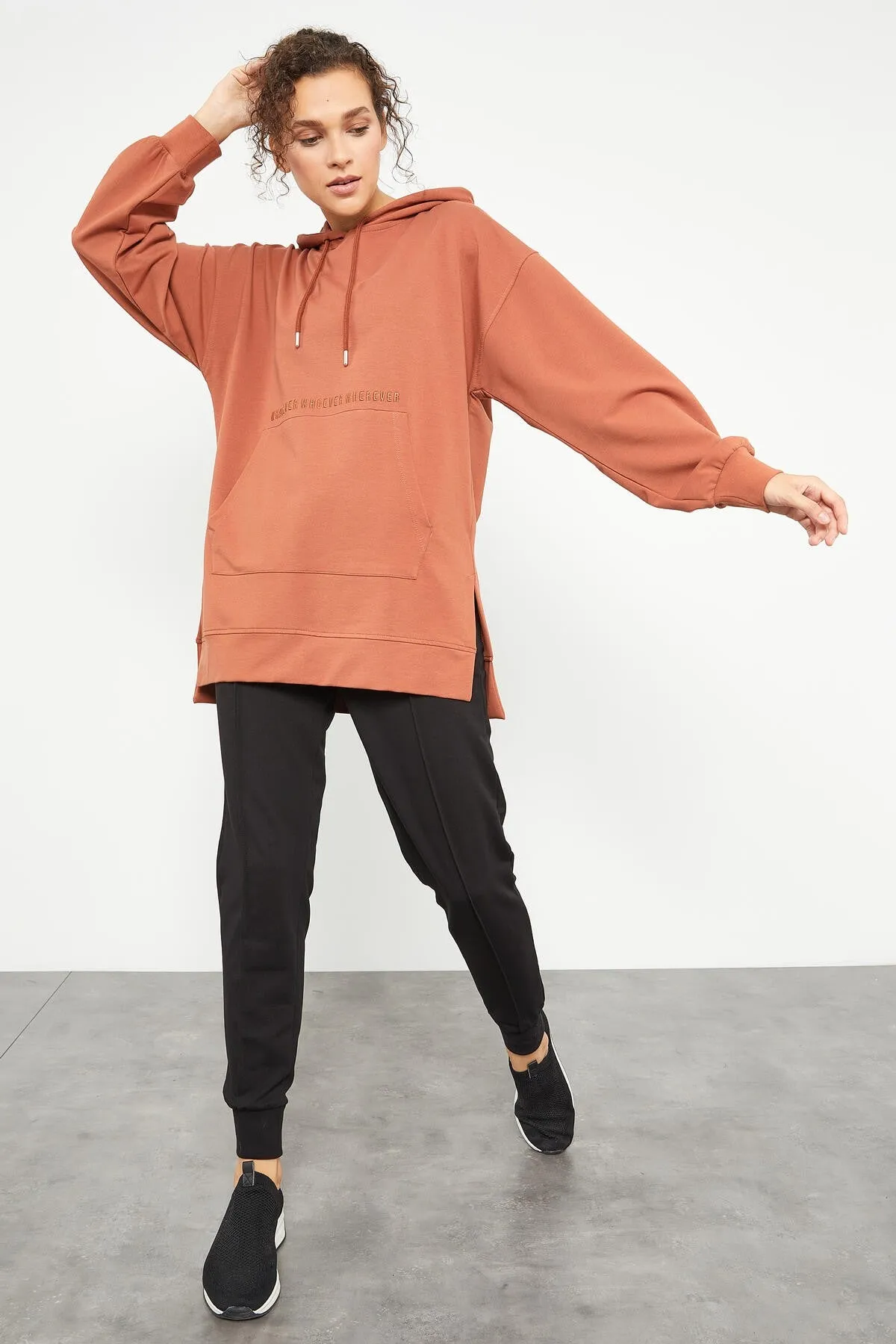 balon kol yazi nakişli kadin oversize tunik sweatshirt - 97163