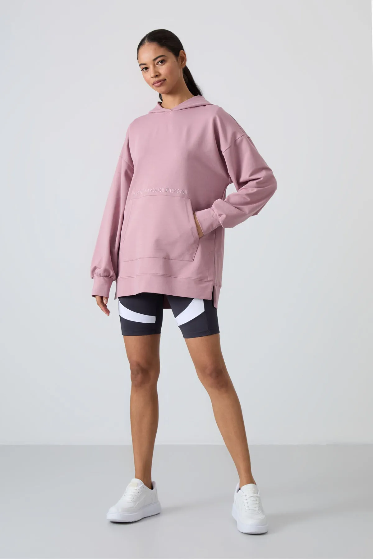 balon kol yazi nakişli kadin oversize tunik sweatshirt - 97163