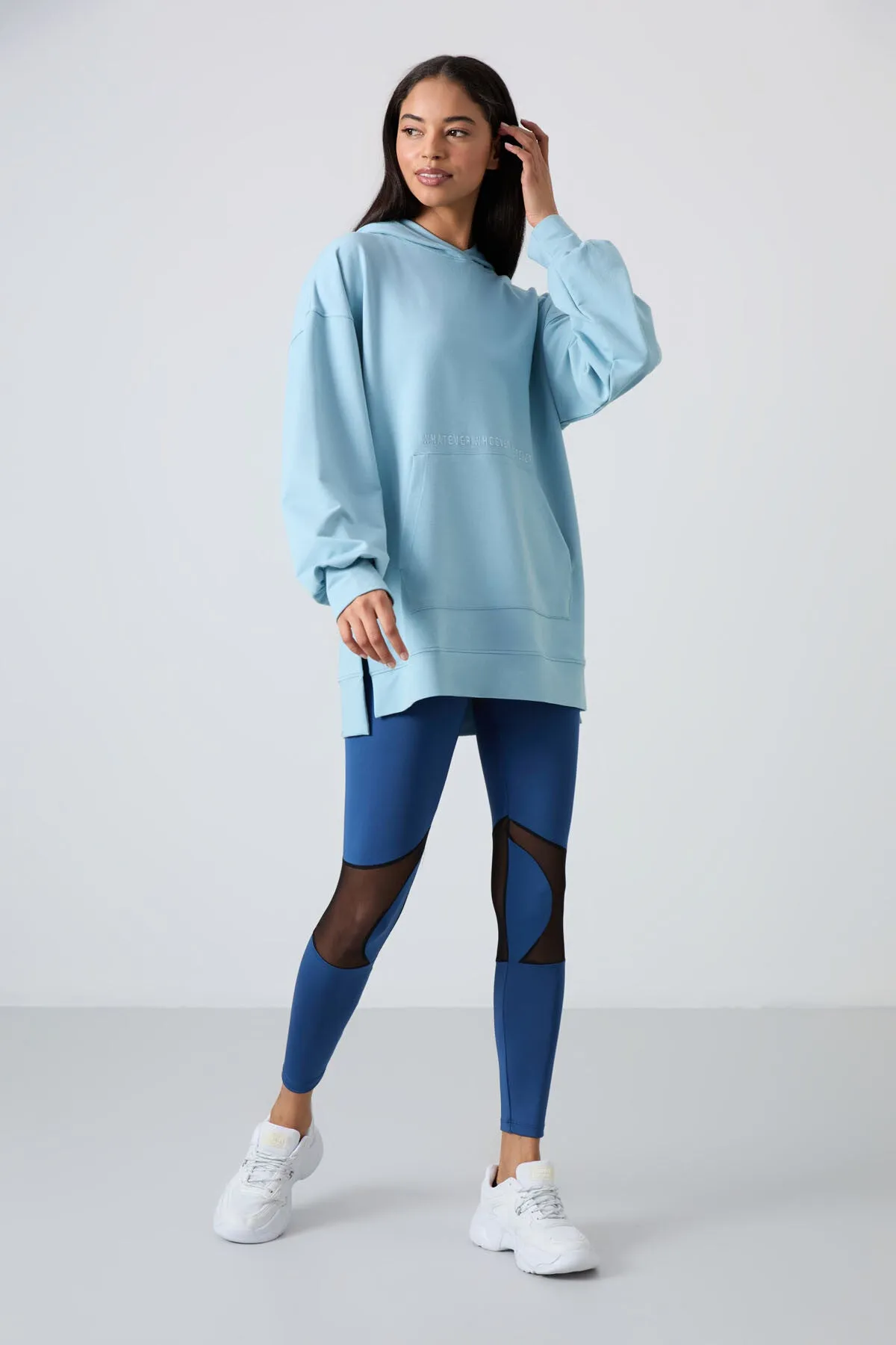 balon kol yazi nakişli kadin oversize tunik sweatshirt - 97163