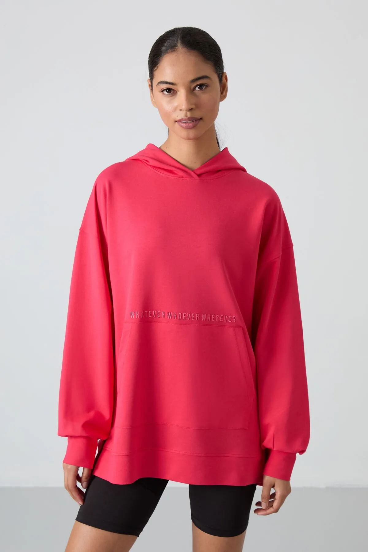 balon kol yazi nakişli kadin oversize tunik sweatshirt - 97163