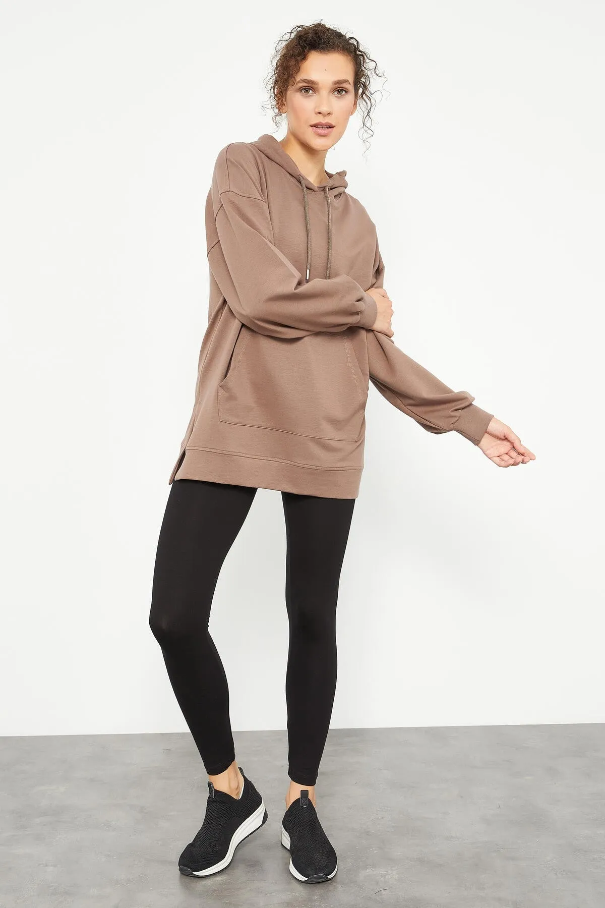 balon kol yazi nakişli kadin oversize tunik sweatshirt - 97163