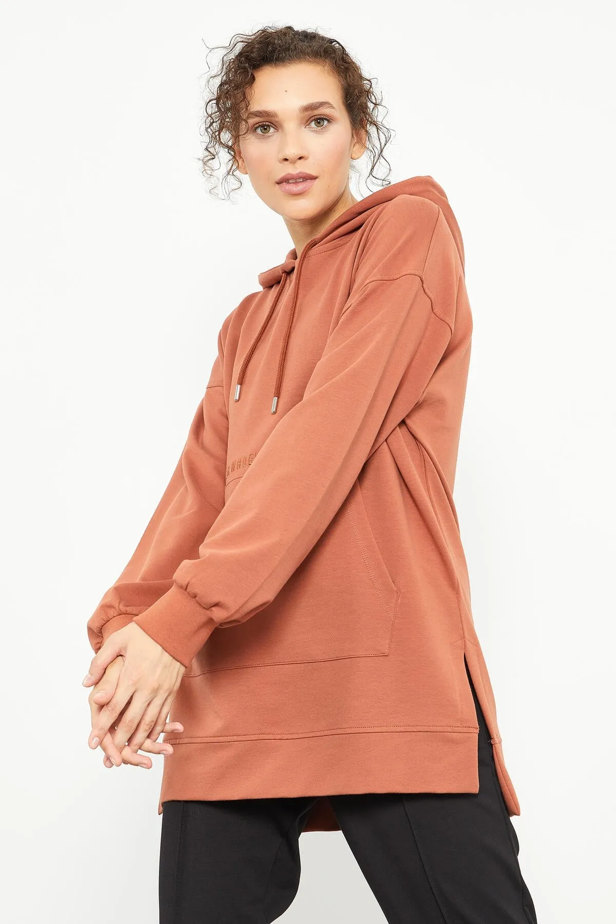 balon kol yazi nakişli kadin oversize tunik sweatshirt - 97163