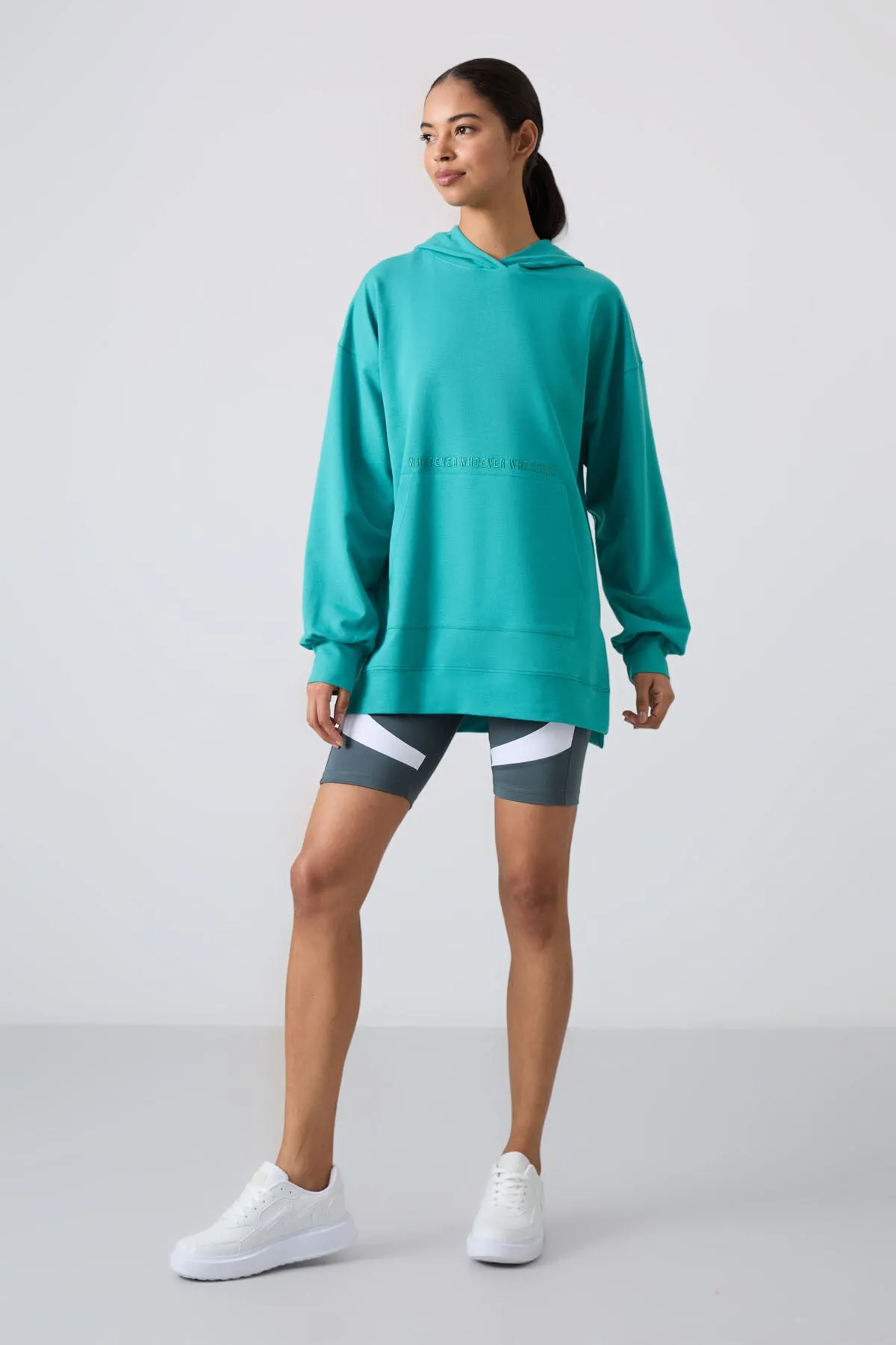 balon kol yazi nakişli kadin oversize tunik sweatshirt - 97163