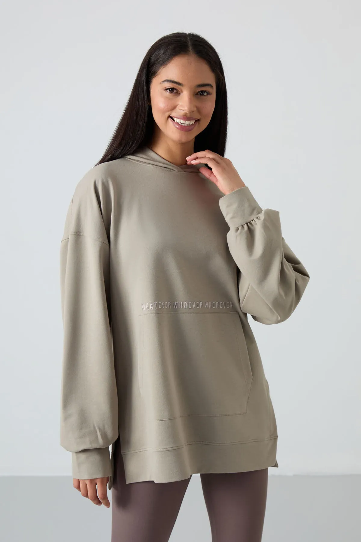 balon kol yazi nakişli kadin oversize tunik sweatshirt - 97163