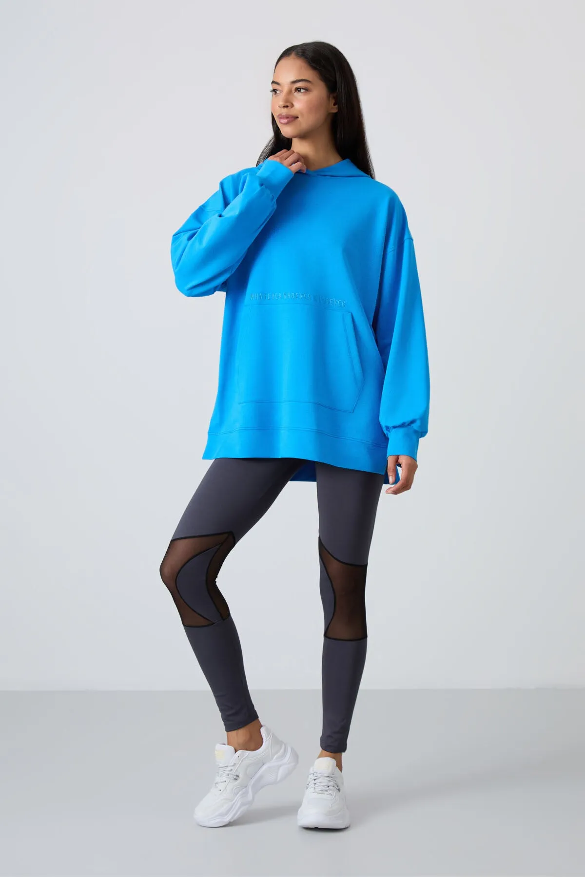 balon kol yazi nakişli kadin oversize tunik sweatshirt - 97163