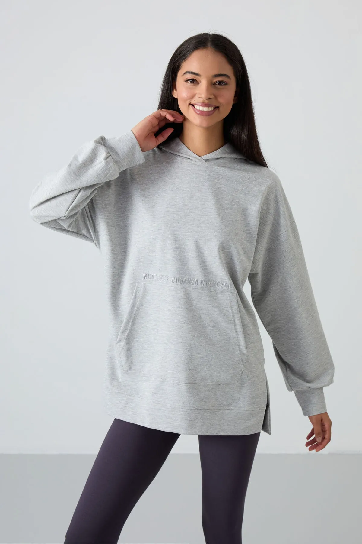 balon kol yazi nakişli kadin oversize tunik sweatshirt - 97163