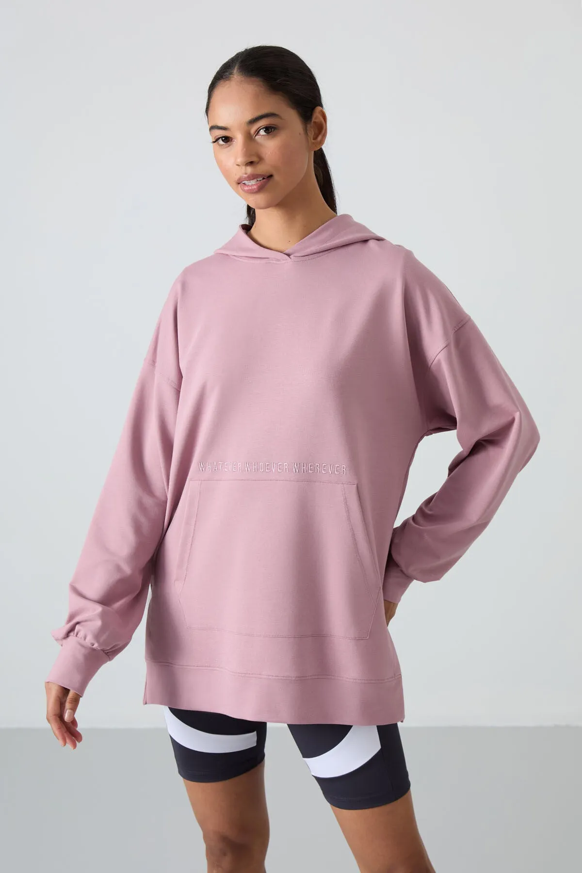 balon kol yazi nakişli kadin oversize tunik sweatshirt - 97163