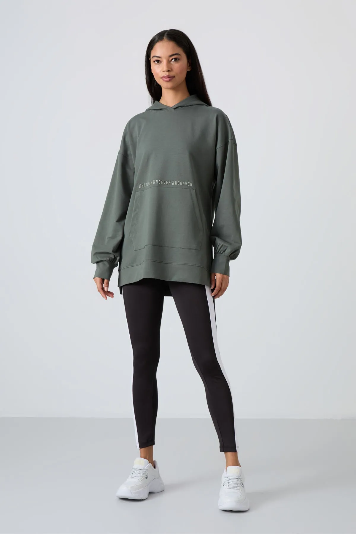 balon kol yazi nakişli kadin oversize tunik sweatshirt - 97163