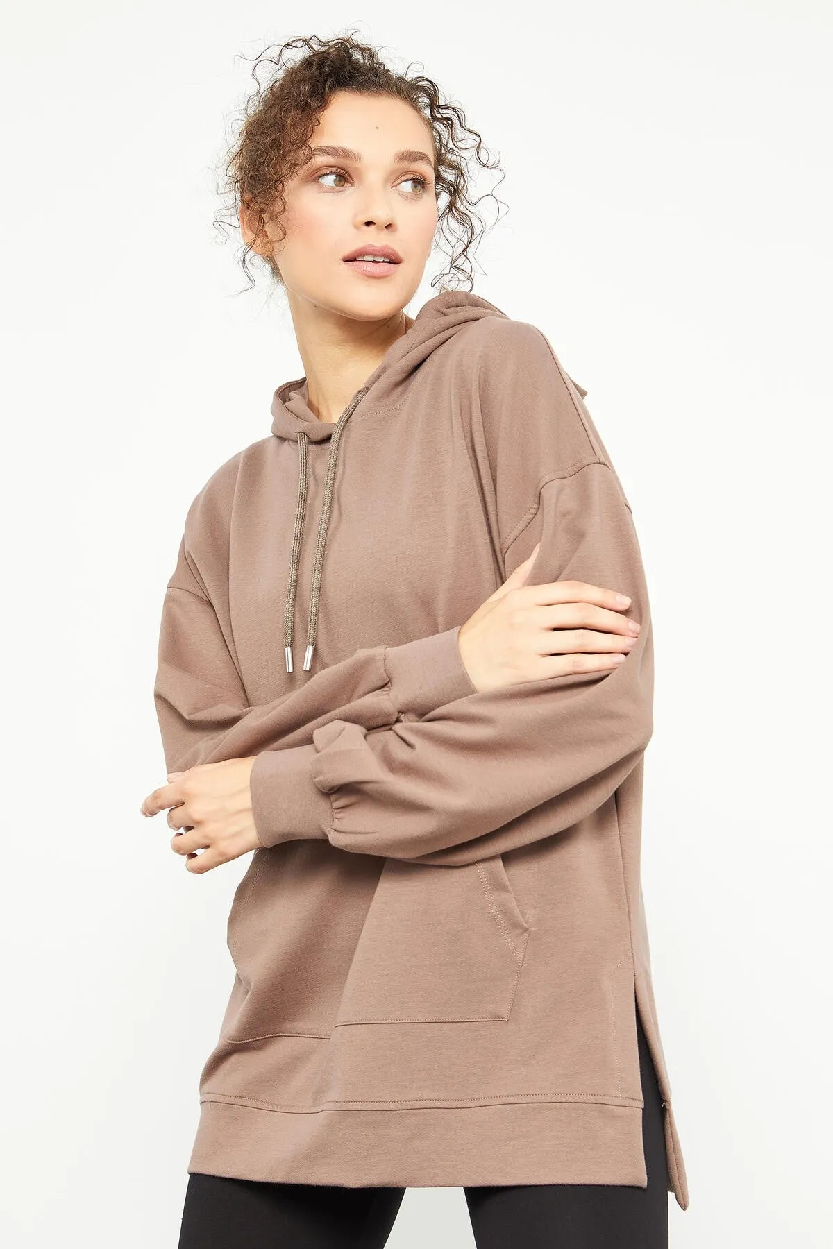 balon kol yazi nakişli kadin oversize tunik sweatshirt - 97163