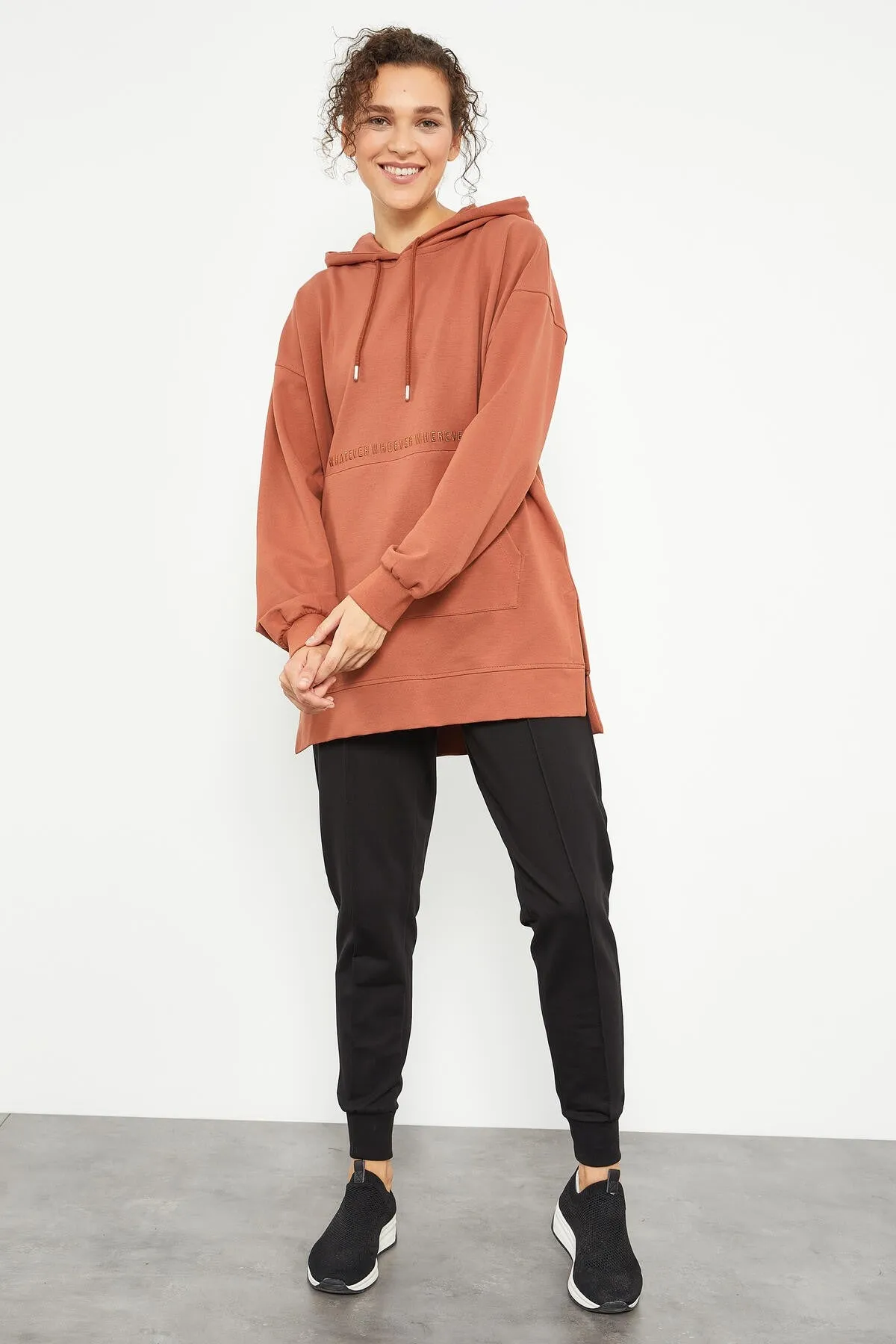 balon kol yazi nakişli kadin oversize tunik sweatshirt - 97163