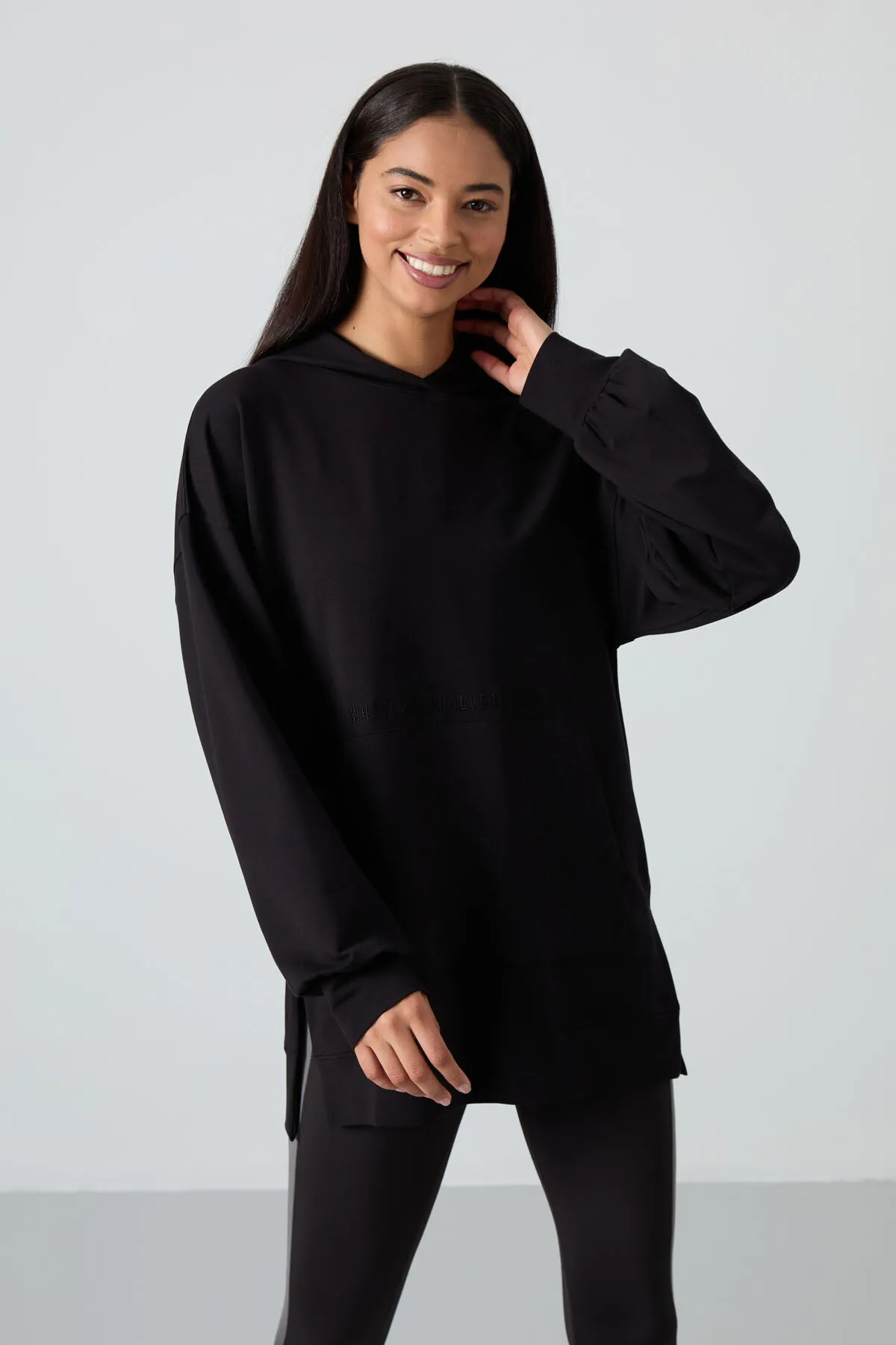 balon kol yazi nakişli kadin oversize tunik sweatshirt - 97163