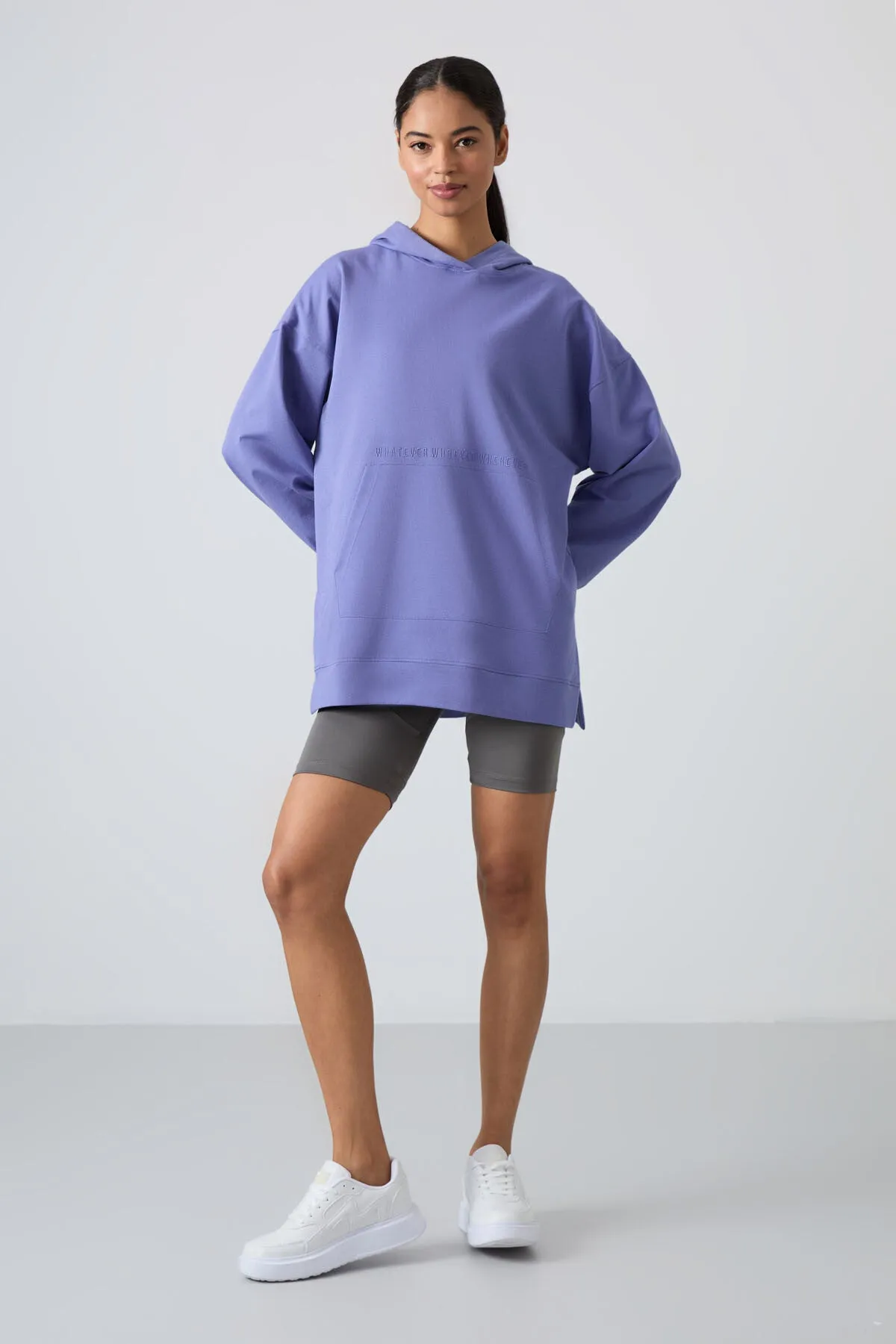 balon kol yazi nakişli kadin oversize tunik sweatshirt - 97163