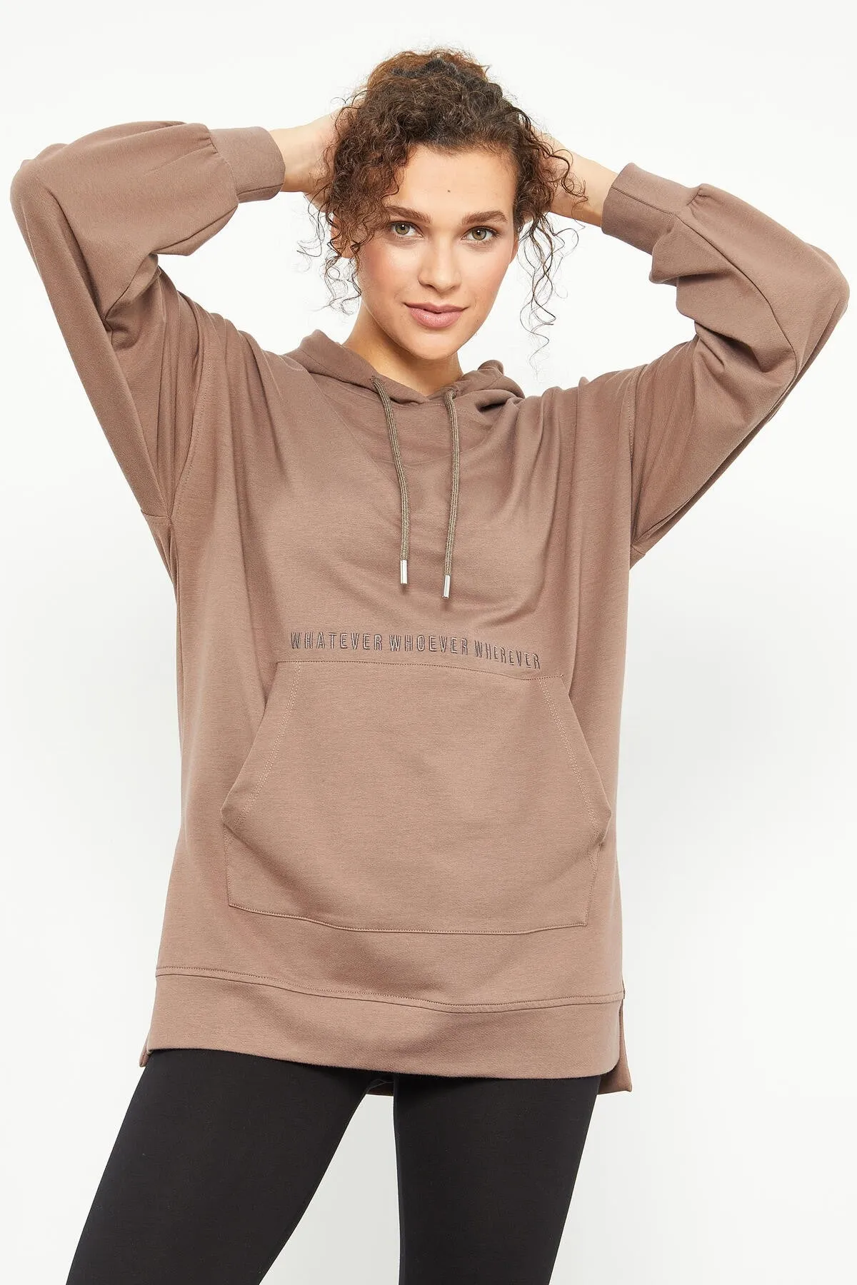 balon kol yazi nakişli kadin oversize tunik sweatshirt - 97163