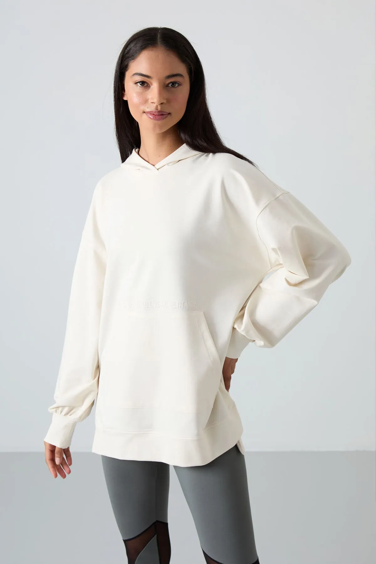 balon kol yazi nakişli kadin oversize tunik sweatshirt - 97163