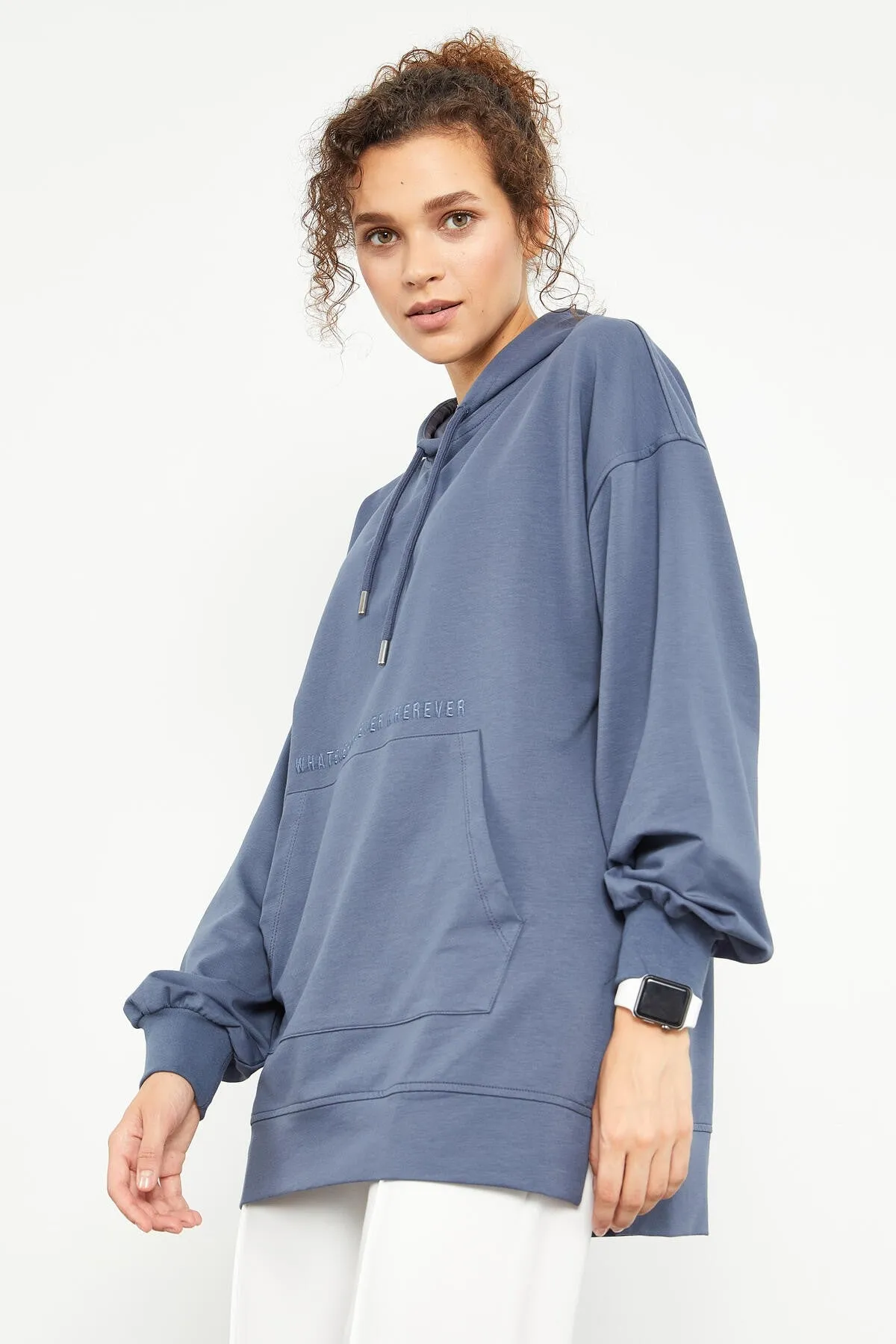 balon kol yazi nakişli kadin oversize tunik sweatshirt - 97163