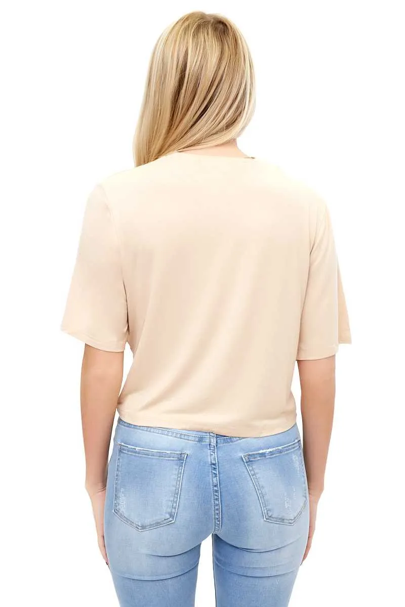 Bennie - Beige Front Lace Tie Up Crop Tops