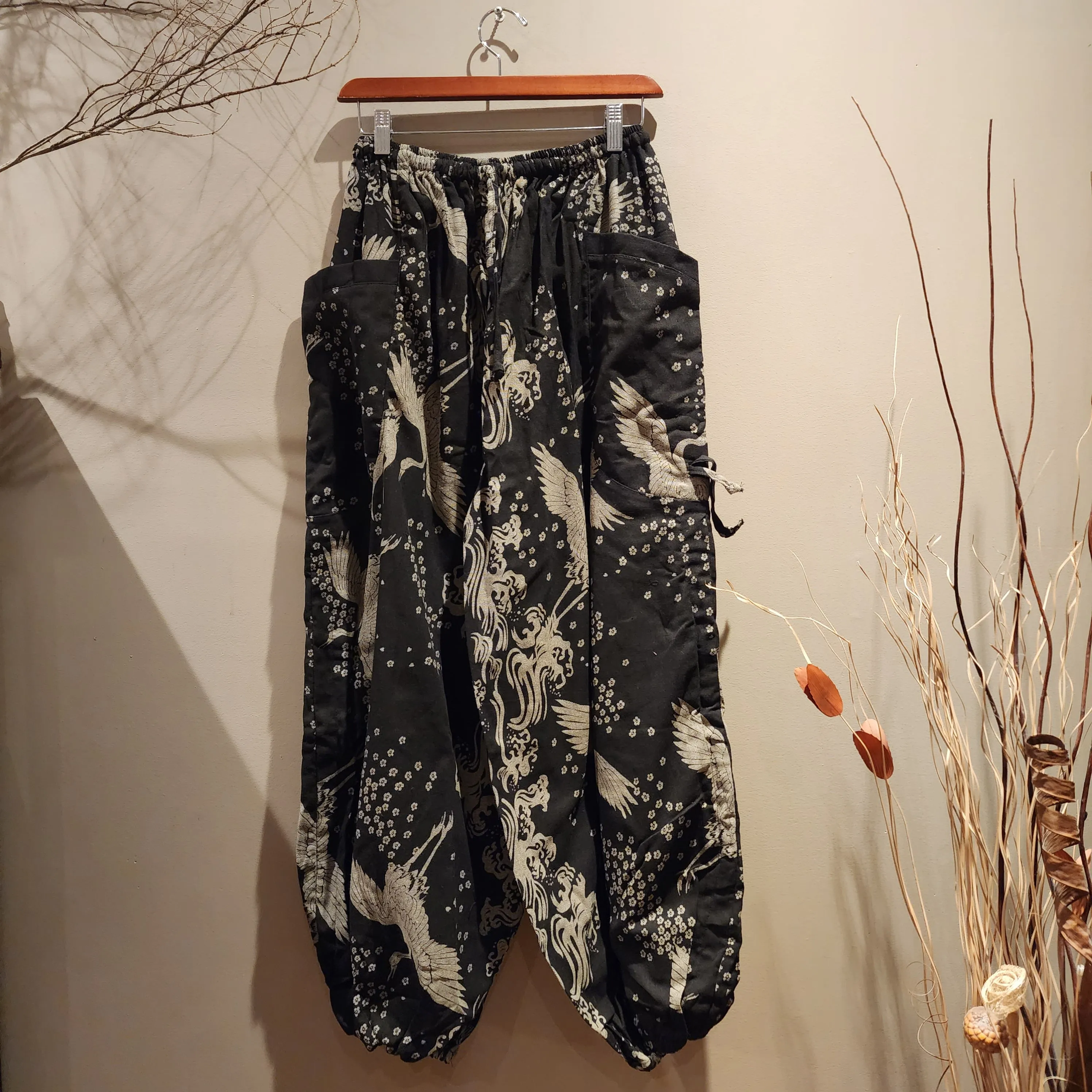 Black Crane Drawstring Comfy Pants