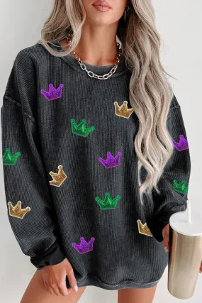 Black Mardi Gras Crown Sequin Patch Corded Baggy Sweatshirt