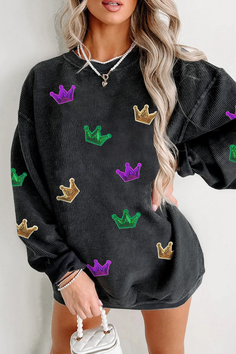 Black Mardi Gras Crown Sequin Patch Corded Baggy Sweatshirt