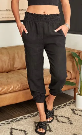 Black Smock Waist Linen Joggers