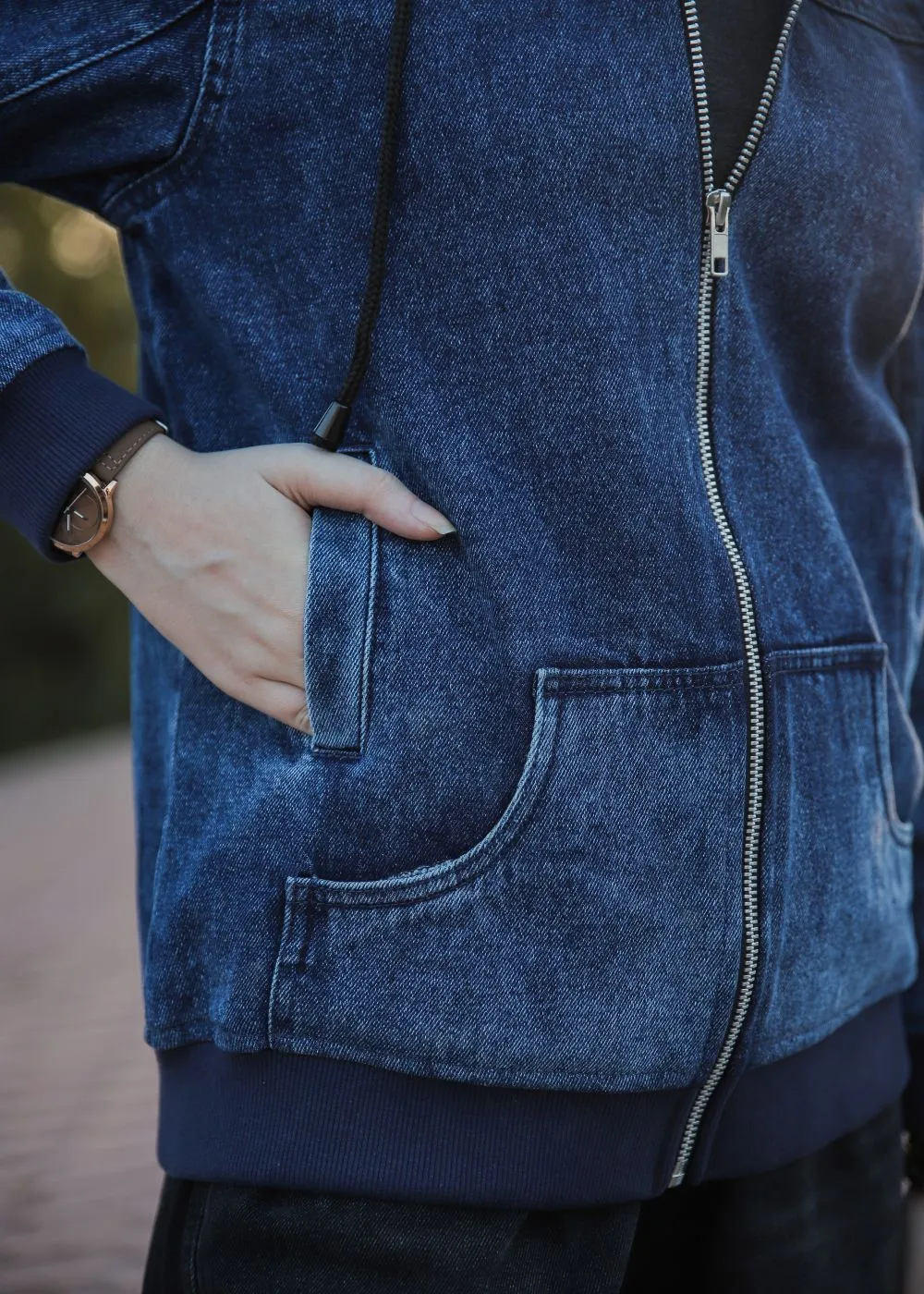 Blue Denim Hoodie with Zipper