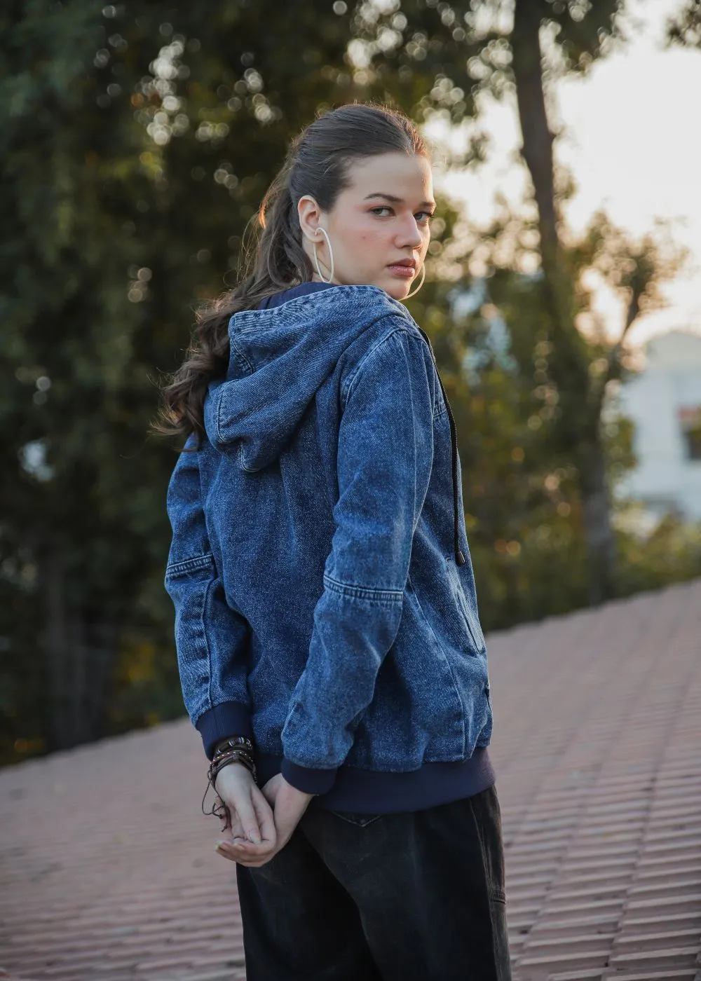 Blue Denim Hoodie with Zipper