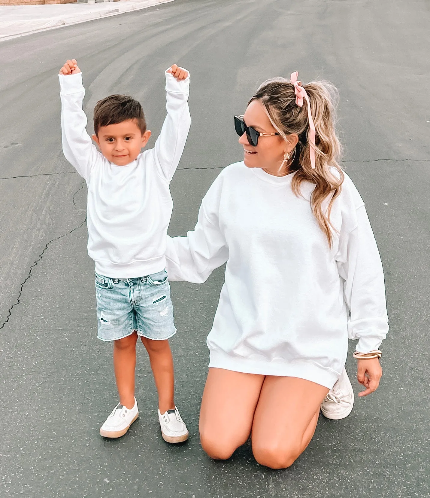 Boy Mama Mommy & Me Sweatshirts -White Crewneck Letter Graphic, Oversized