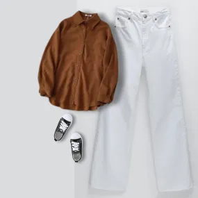 BROWN BUTTON SHIRT WITH WHITE JEANS