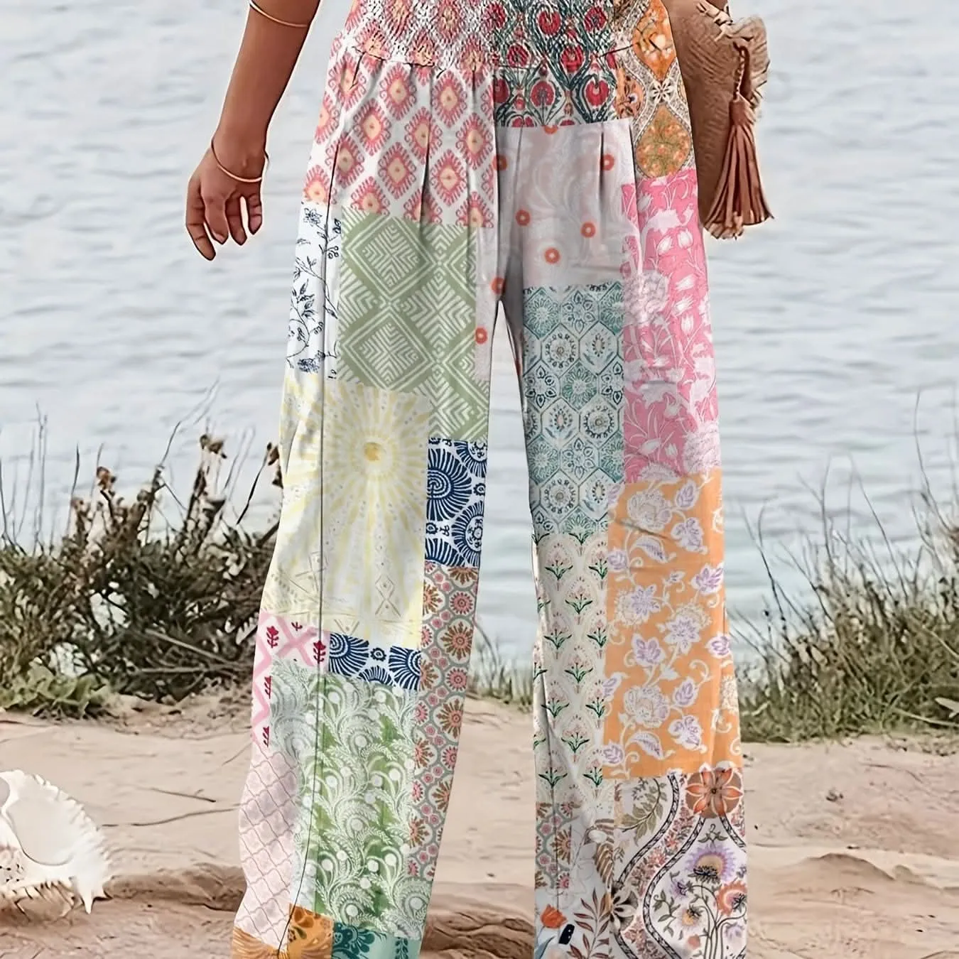 Chic Patchwork Wide Leg Pants  Flowy Vacation Style