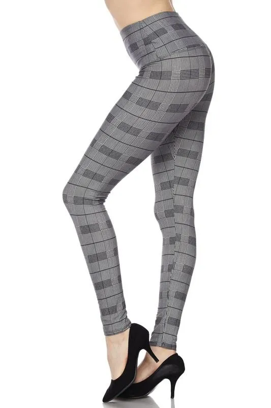 Classic Houndstooth Plaid Print Leggings with 5 Inch Waistband