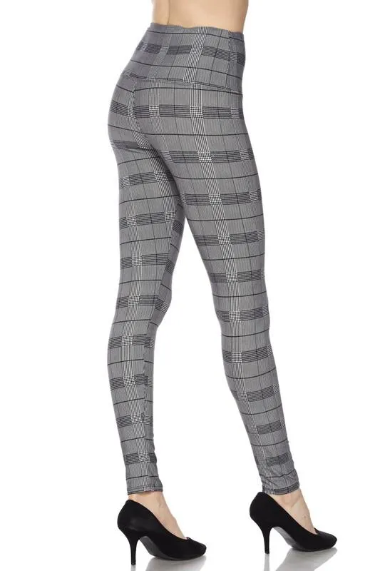 Classic Houndstooth Plaid Print Leggings with 5 Inch Waistband