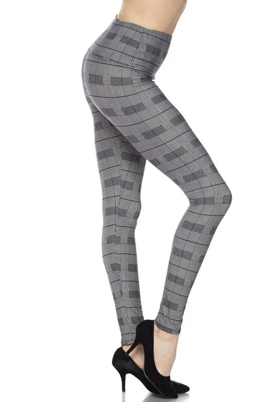 Classic Houndstooth Plaid Print Leggings with 5 Inch Waistband