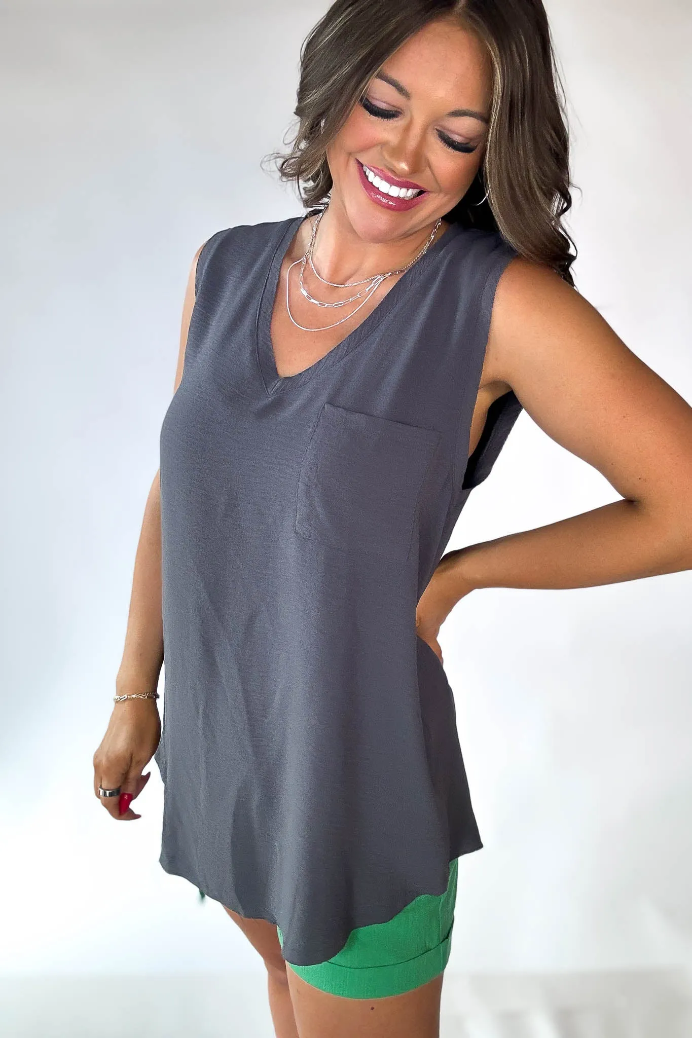 Classy Cool Grey Solid V-Neck Sleeveless Pocket Top