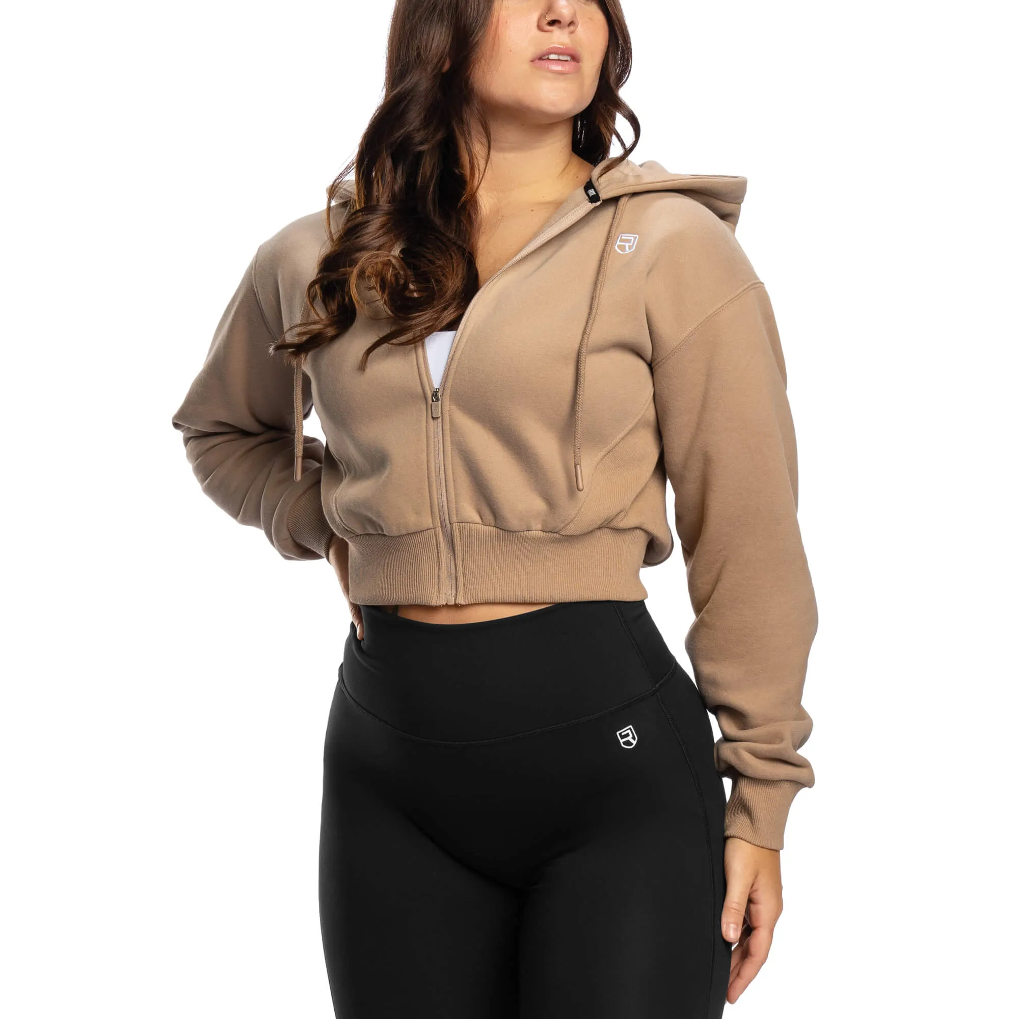 Comfy Crop Zip Hoodie - Beige