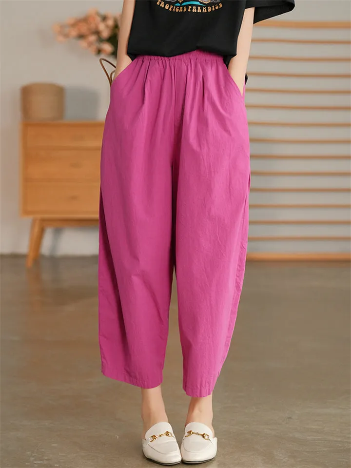 Comfy Elastic Waist Solid Color Pants for Women