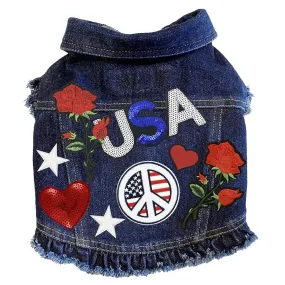 Custom Patriotic USA Denim Dog Jacket With Ruffles