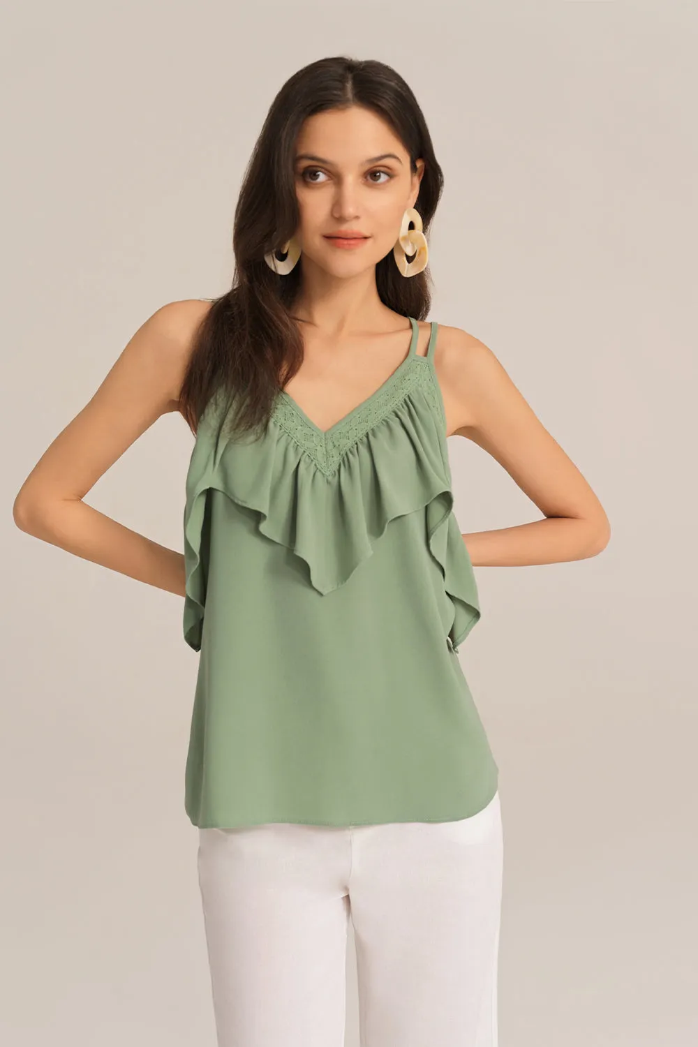 Dual Strap Ruffle Decorated V-Neck Cami-Tops