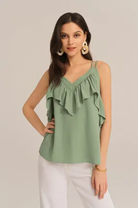 Dual Strap Ruffle Decorated V-Neck Cami-Tops