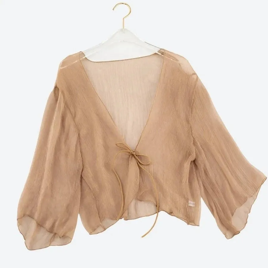 Elegant Sheer Wrap-Front Crop Tops