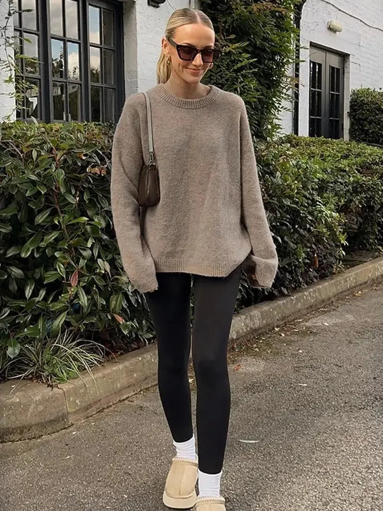 Elegant Solid Wool Blends Round Neck Pullover Women Casual Long Sleeves Loose Warm Sweater