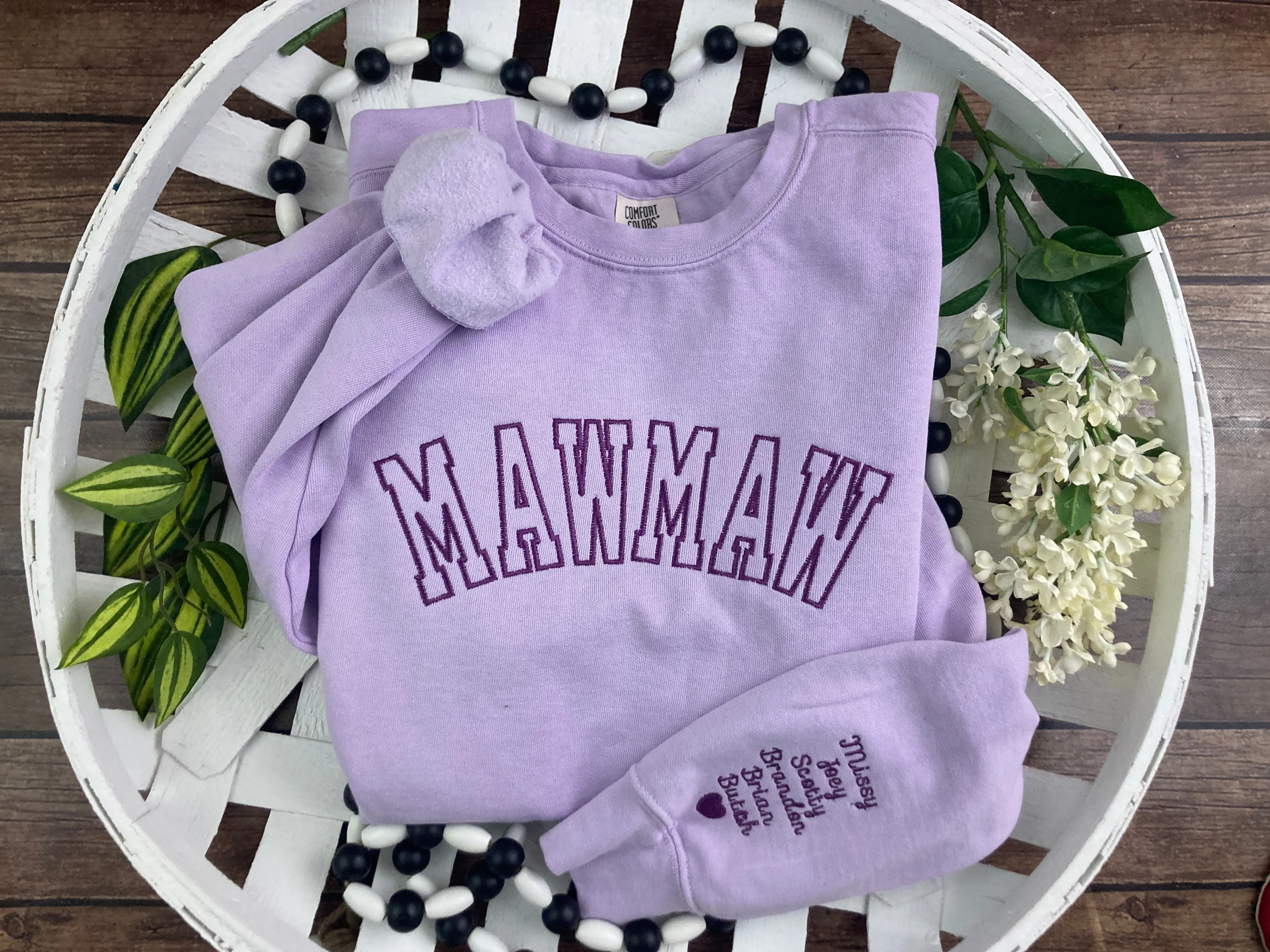 Embroidered Mama, Mommy, Godmother, Grandma Varsity Font Sweatshirts - Embroidered with names on sleeve