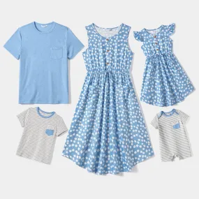 Family Matching Allover Daisy Print Curved Hem Drawstring Tank Dresses and Short-sleeve Solid/Stripe T-shirts Sets